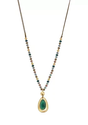 Gold Tone Multi Colored Beaded Long with Orbital Green Stone Pendant Drop Necklace