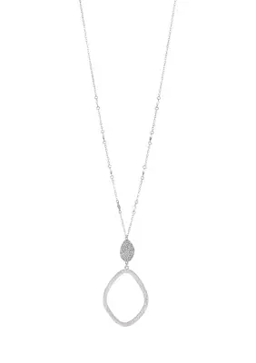 Silver Tone Long Chain Pavé Disc with Open Pendant Necklace