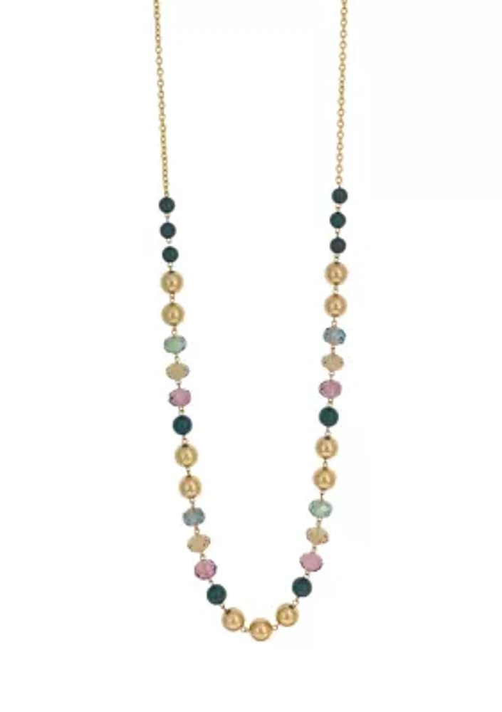 Gold Tone Long Multi Colored Beaded Necklace