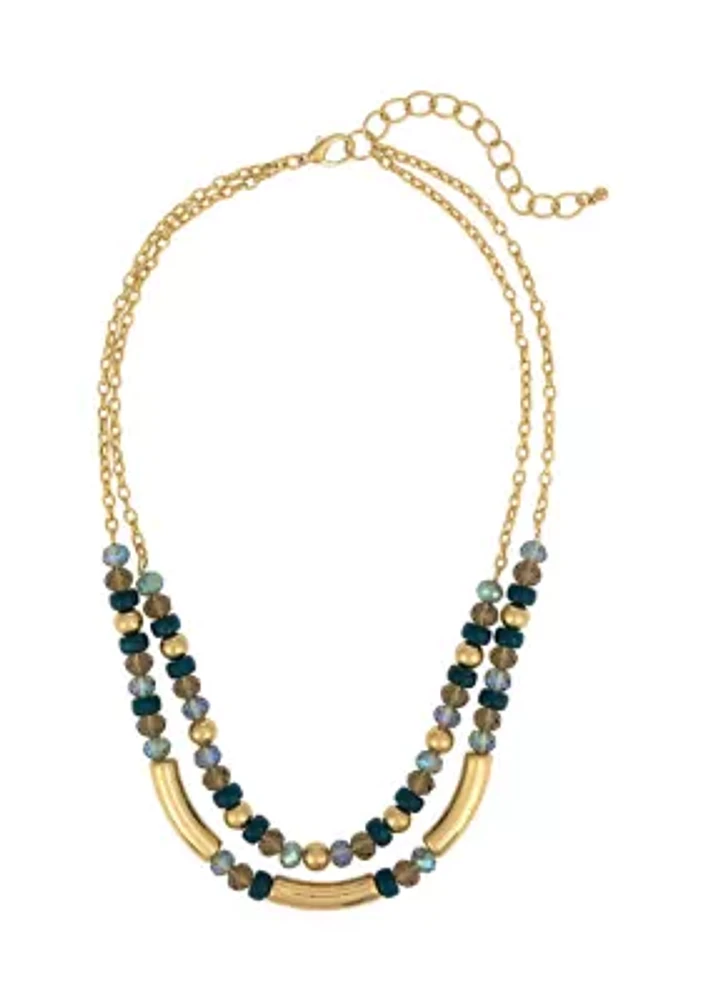 Gold Tone 2 Row Multi Colored Beaded Frontal Necklace