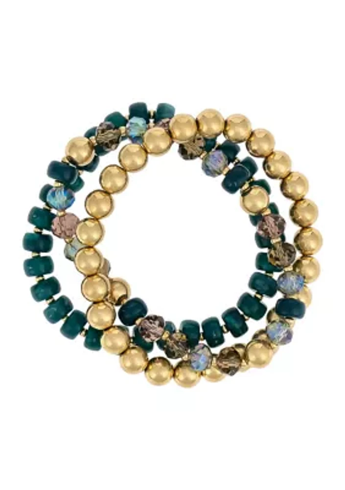 Gold Tone 3 Row Multi Colored Beaded Stretch Bracelet Set