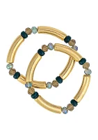 Gold Tone 2 Row Multi Colored Beaded Stretch Bracelet Set