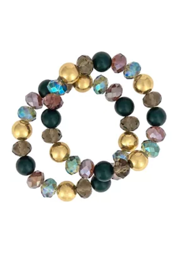 Gold Tone 2 Row Multi Colored Bead Stretch Bracelet Set