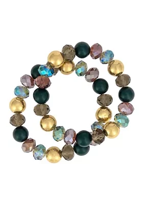 Gold Tone 2 Row Multi Colored Bead Stretch Bracelet Set