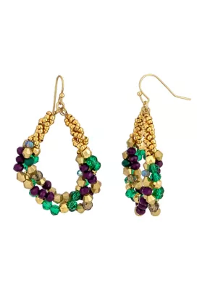 Gold Tone Multi Colored Woven Beaded Hoop Earrings