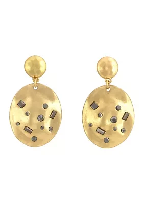 Gold Tone Hammered Oval Drop with Hematite Scattered Stones Earrings