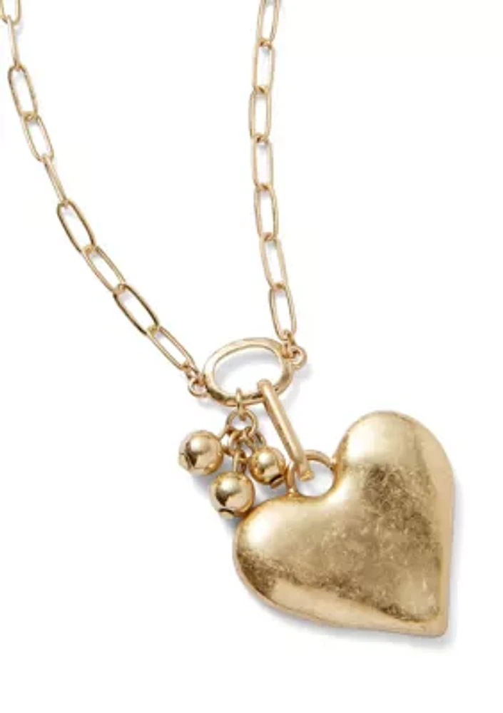 Gold Tone Heart Pendant Open Link Chain Necklace