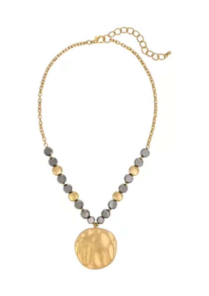 Gold Tone Short Hematite and Gold Beaded Round Disc Pendant Necklace