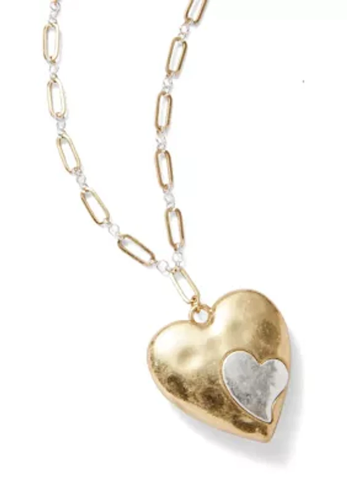 Two Tone Long Heart Inset Pendant Necklace