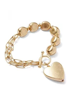 Gold Tone Bead Chain Toggle Heart Drop Bracelet