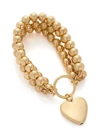 Gold Tone 3 Row Beaded Stretch Heart Drop Bracelet