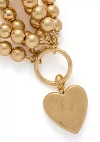 Gold Tone 3 Row Beaded Stretch Heart Drop Bracelet