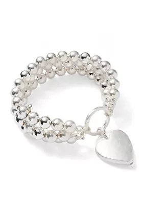 Silver Tone Three Row Beaded Stretch Heart Drop Bracelet