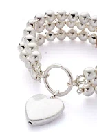 Silver Tone Three Row Beaded Stretch Heart Drop Bracelet