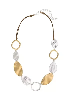 Two-Tone Mix Hammered Link and Oval Disc Frontal Necklace