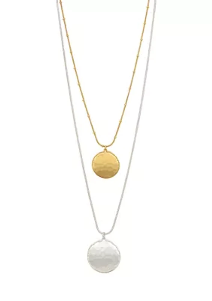 Two Tone Layered Round  Hammered Double Disc Drop Pendant Necklace