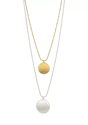 Two Tone Layered Round  Hammered Double Disc Drop Pendant Necklace