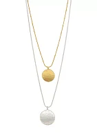 Two Tone Layered Round  Hammered Double Disc Drop Pendant Necklace