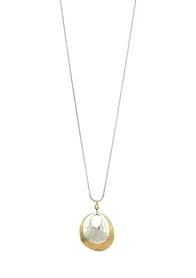 Two Tone Long Hammered Layered Double Donut Disc Pendant Necklace