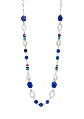 Silver Tone Blue Multi Single Row Long Linked Bead Necklace