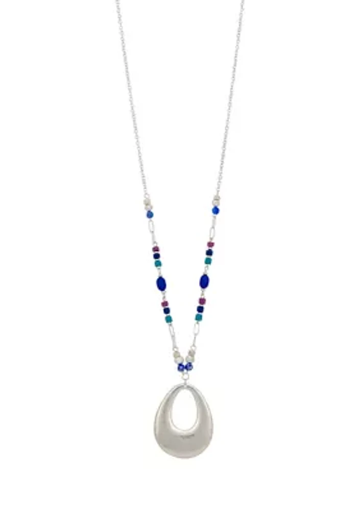 Silver Tone Long Open Teardrop Pendant on Chain with Multi Colored Beads Necklace