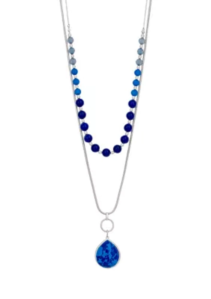 Silver Tone Layered Two Row Short Blue Beaded Row and Long Chain Row with Blue Teardrop Pendant Necklace