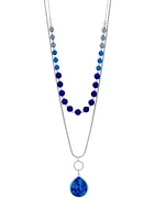 Silver Tone Layered Two Row Short Blue Beaded Row and Long Chain Row with Blue Teardrop Pendant Necklace