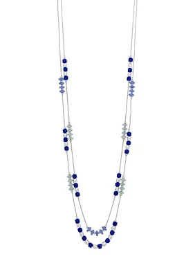 Silver Tone Two Row with Blue Bead Stations Long Necklace