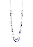 Silver Tone Two Row with Blue Bead Stations Long Necklace