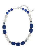 Silver Tone Short Chunky  Blue and Metal Bead Necklace