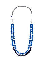 Silver Tone Long Double Row Blue Beaded Necklace