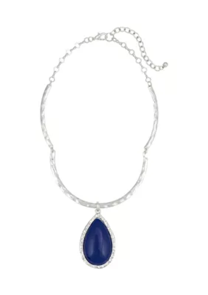 Silver Tone Blue Stone Teardrop Pendant on Collar Necklace