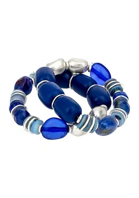 Silver Tone Blue and Metal Chunky Nugget Beaded Stretch Bracelet - Set of 2