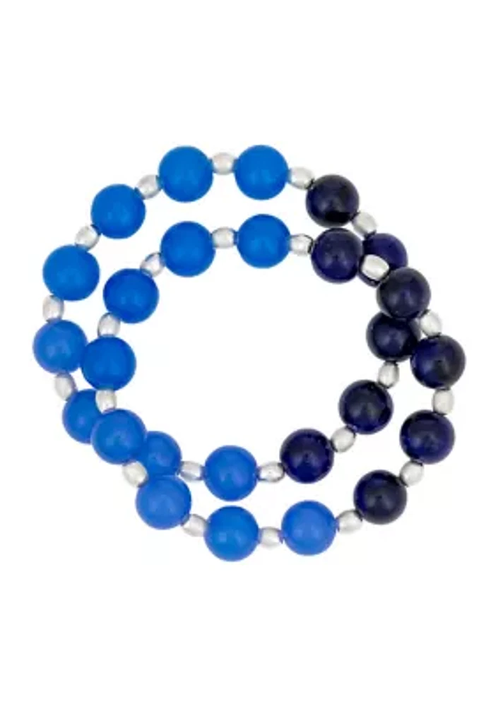 Silver Tone Multi Blue Beaded Stretch Bracelet - Set of 2