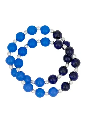 Silver Tone Multi Blue Beaded Stretch Bracelet - Set of 2