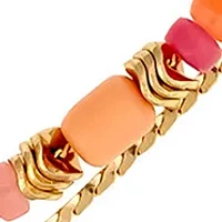 Gold-Tone 2 Row Short with Coral Multi Beads and Round Disc Drop Necklace