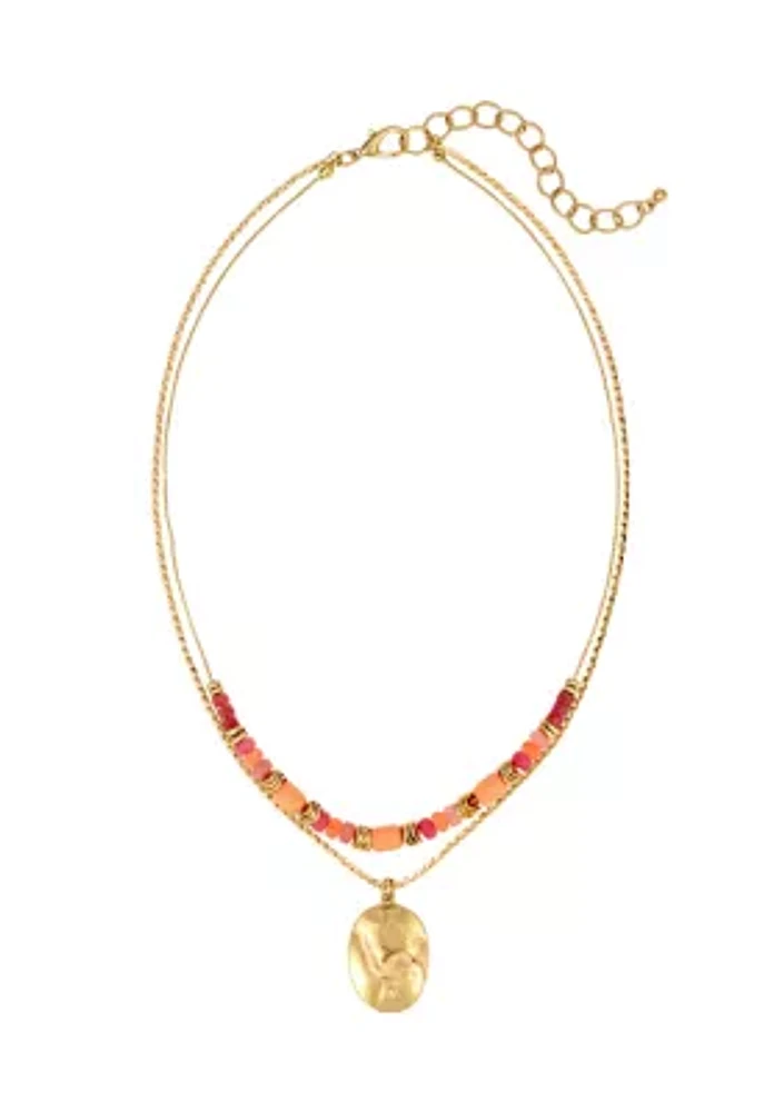 Gold-Tone 2 Row Short with Coral Multi Beads and Round Disc Drop Necklace