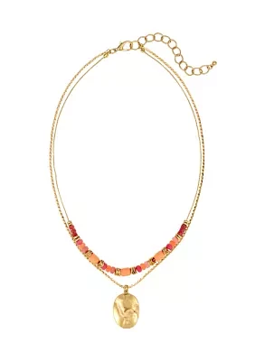 Gold-Tone 2 Row Short with Coral Multi Beads and Round Disc Drop Necklace