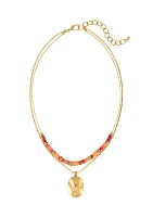 Gold-Tone 2 Row Short with Coral Multi Beads and Round Disc Drop Necklace