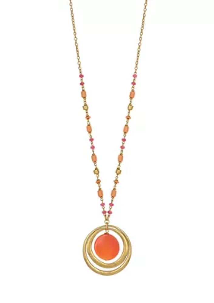 Gold-Tone Long Coral Multi Bead with Orbital Coral Pendant Necklace