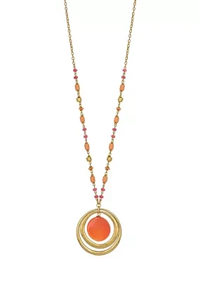 Gold-Tone Long Coral Multi Bead with Orbital Coral Pendant Necklace