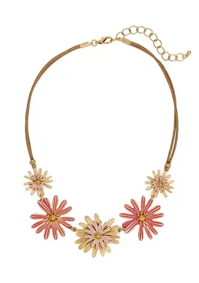 Gold -Tone Short 5 Part Coral Multi Flower Frontal Necklace