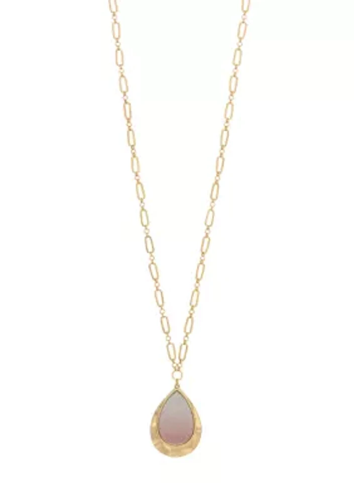 Gold-Tone Long Ombré Coral Glitter Teardrop Pendant Necklace