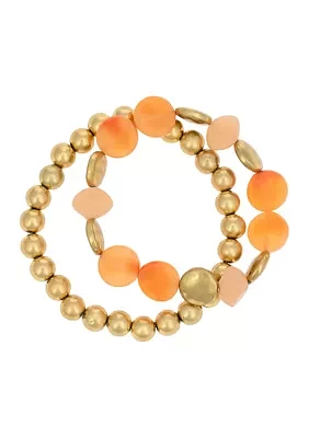 Gold-Tone 2 Row Coral Beaded Stretch Bracelet Set