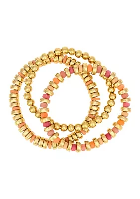 Gold-Tone 3 Row Multi Coral and Gold Beaded Stretch Bracelet Set