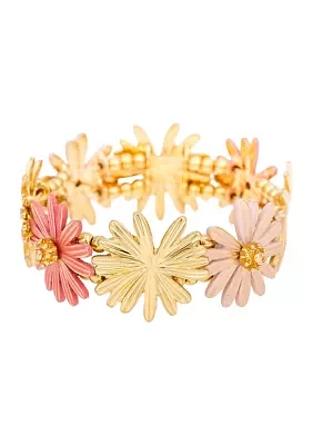 Gold Tone Multi Coral Colored Flower Stretch Bracelet