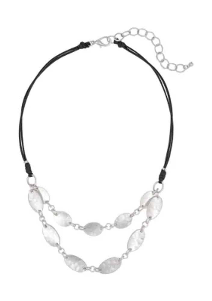Silver-Tone Short 2 Row Linked Organic Teardrops On Black Cord Necklace