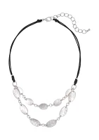 Silver-Tone Short 2 Row Linked Organic Teardrops On Black Cord Necklace