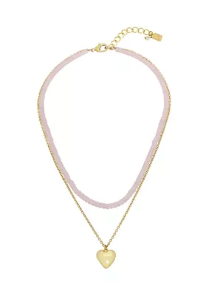 Gold Tone Rose Quartz Puffy Heart Layered Necklace