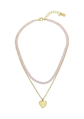 Gold Tone Rose Quartz Puffy Heart Layered Necklace